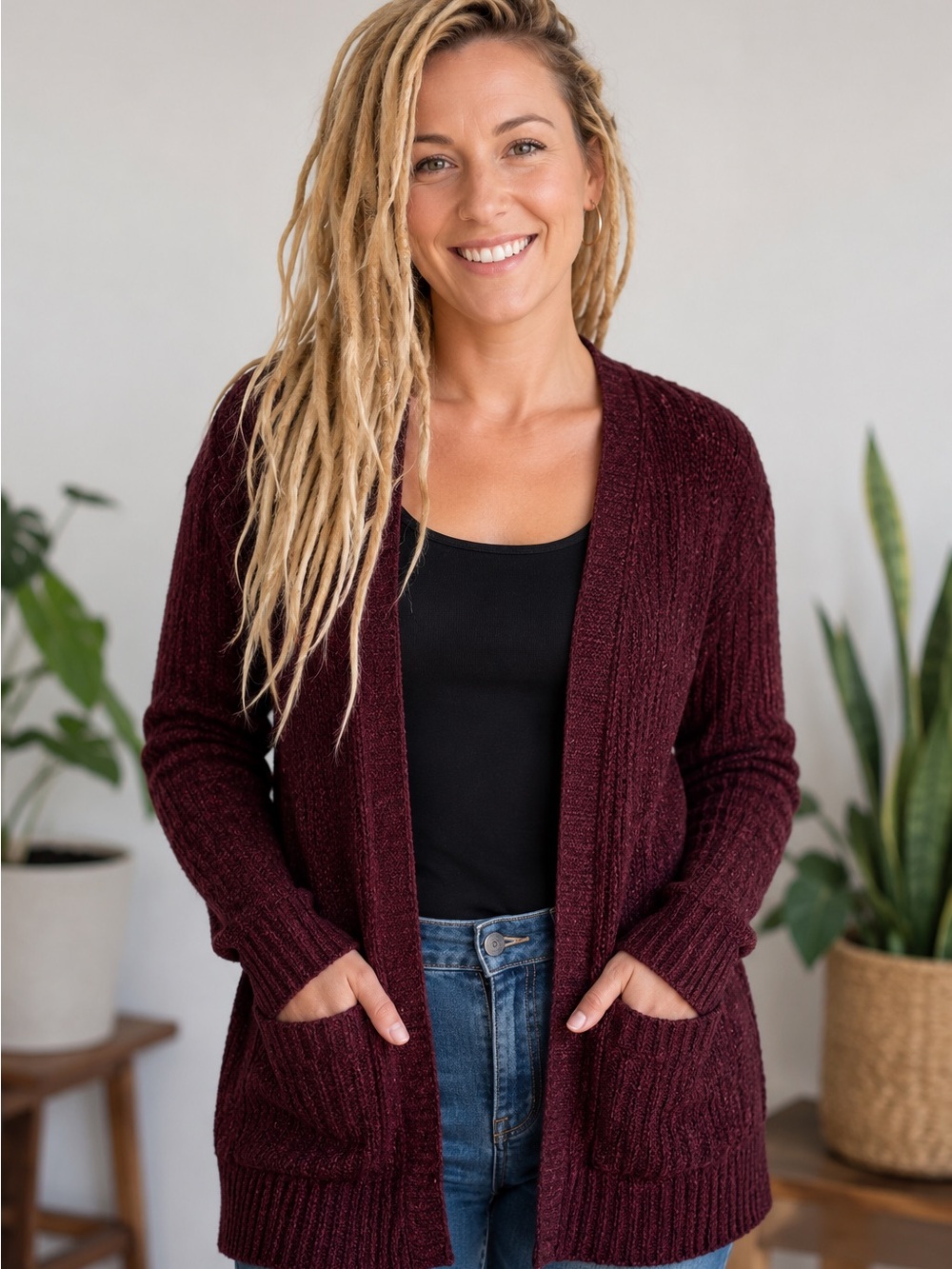 PINK ROSE Burgundy Knit Sweater Cardigan With Pockets Size Juniors Small